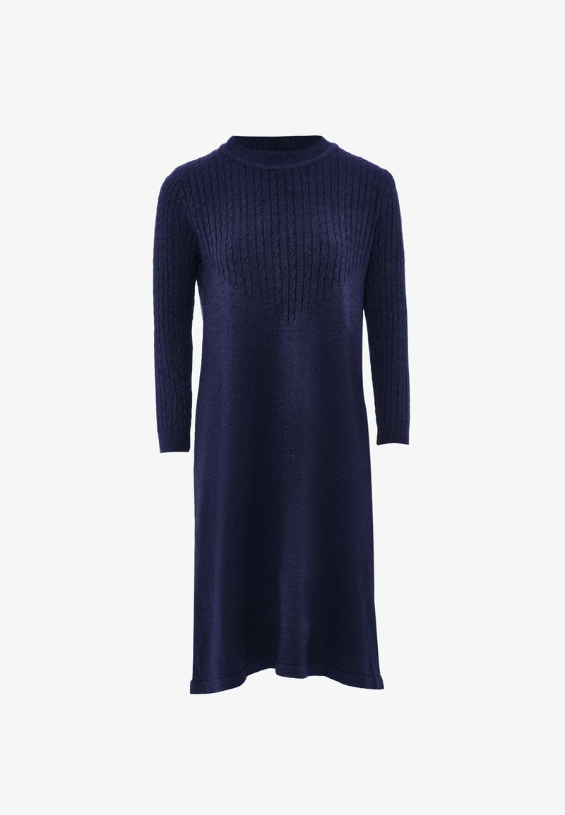 Navy blaues Strickkleid mit dreiviertel Ärmeln, geribbelt Textur am Oberteil, glatter Rock, Rundhalsausschnitt und einer lockeren Silhouette.
