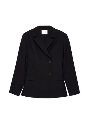 Svart skräddarsydd blazer med slag, två framslutningsknappar, långa ärmar och två fickor med klaff.