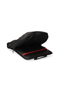 Borsa per laptop nera con apertura con zip, caratterizzata da un esterno liscio e un interno imbottito con una striscia di accento rossa per la protezione dei dispositivi.