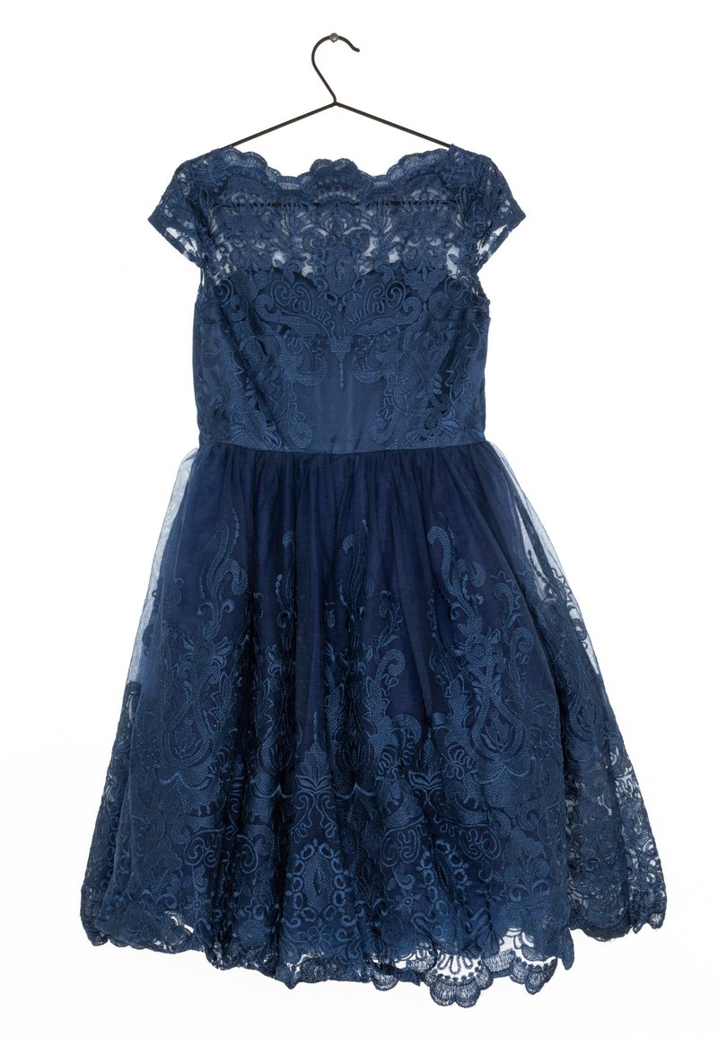 Chi London Navy And Silver Lace Dip Hem Dress Cami Premium Lace