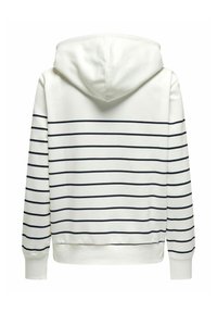 Biała hoodie z kapturem w granatowe poziome paski, wykonana z miękkiego materiału. Posiada kieszeń kangurkę i ściągacze na rękawach.