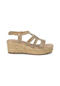 Sandal con zeppa beige con suola in juta intrecciata, caratterizzata da cinturini incrociati abbelliti da piccole rhinestone per un tocco di dettaglio in più.