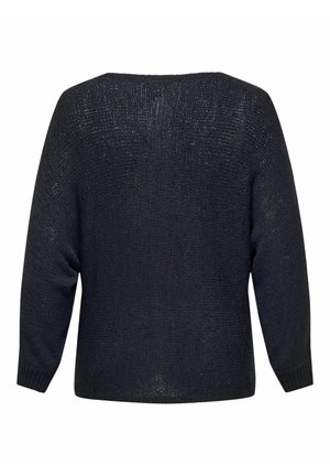 Pull marine foncé avec un tricot lâche, doté de manches longues et d'un décolleté large de style bateau. Le tissu texturé ajoute un détail subtil.