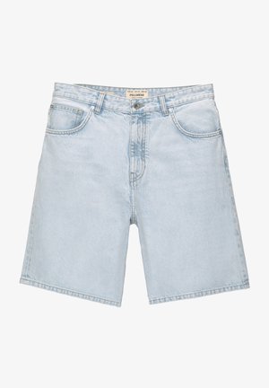 Lichtblauwe denim shorts met een rechte pijpdesign, vijf zakken en contrasterende stiksels. Voorzien van een knoop- en ritssluiting.