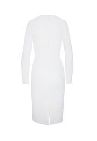 Weißes, langärmliges, knielanges, enganliegendes Kleid mit Rückenreißverschluss und kleinem Schlitz in der Mitte des hinteren Saumabschlusses.