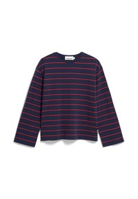 Marineblaue Langarmshirt mit horizontalen roten Streifen, aus Baumwolle, mit einem Rundhalsausschnitt und einem geraden Saum. Etikett am unteren Rand sichtbar.