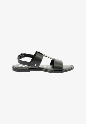 Sandalia de cuero negro con suela plana, que presenta dos correas anchas sobre el pie y una correa ajustable en el tobillo. Diseño simple y minimalista.