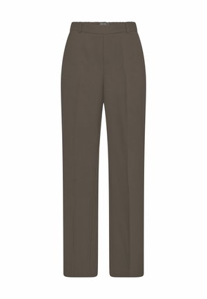 Brown, straight-leg trousers made of smooth fabric; features a flat front and standard waistband; no visible pockets or patterns.