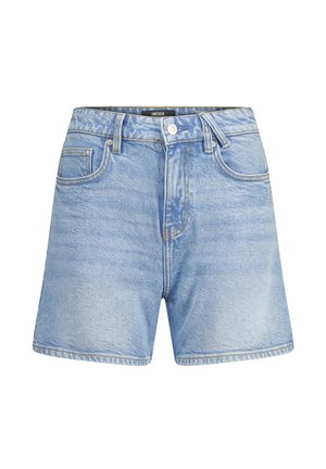 Shorts en denim bleu clair taille haute, avec cinq poches et une fermeture à bouton. Présente un léger délavage et des details de couture.