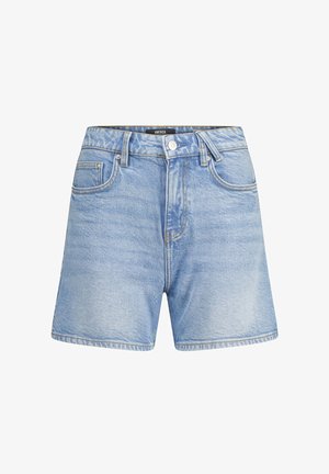 Lichtblauwe denim shorts met een hoge taille, vijf zakken en een knopenfly. Heeft subtiele vervaging en stikseldetails.