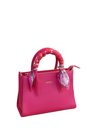 Pink leather handbag with a zip closure, dual handles wrapped in a patterned scarf, and gold logo detail. Compact, structured design.