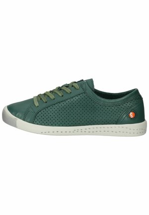 Green leather sneaker featuring perforated design, green laces, and white rubber sole with dotted pattern. Orange accent on the heel.