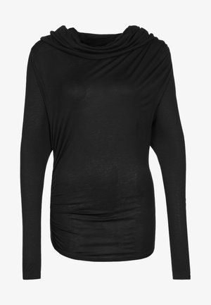 Black long-sleeve top with a draped cowl neckline. Soft fabric with a smooth texture and gathered detailing at the sides.