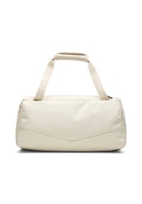 Borsa duffel beige realizzata in tessuto morbido, caratterizzata da una forma strutturata, due manici robusti e un design a zigzag vicino alla base.