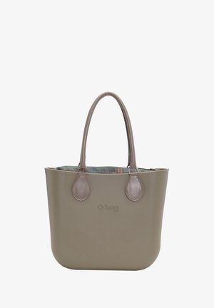 Bolsa de tote de plástico gris mate con forma redondeada, doble asa y forro de tela decorativa con un patrón colorido.