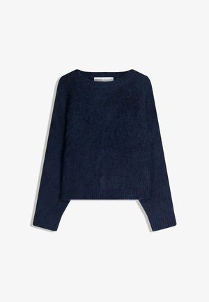Granatowy sweter z dzianiny z szerokim okrągłym dekoltem, długimi rękawami i ściągaczami. Miękka tekstura o swobodnym, krótkim kroju.