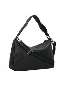 Schwarze Leder-Umhängetasche mit strukturiertem Finish, ausgestattet mit einem Reißverschluss, einstellbarem Tragegurt und geschwungener Silhouette. Silberne Hardware-Details.