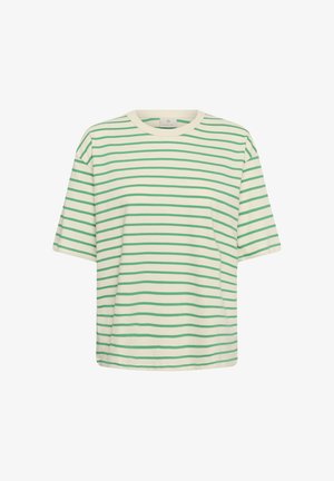 Kermansävyinen lyhythihainen T-paita, jossa on tasaisesti jakautuneet vihreät vaakaraidat ja pyöreä pääntie, esitetty valkoisella taustalla.