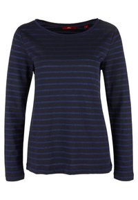 Marinblus med långa ärmar och blåa horisontella ränder, lättviktsmaterial, rundad halsringning och avslappnad passform. Röd etikett synlig vid nacken.