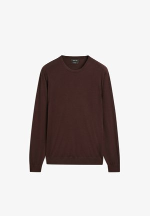 Bruine lange mouwen sweater gemaakt van zacht materiaal, met een ronde halslijn en een getailleerde zoom. Geen zichtbare patronen of hardwaredetails.