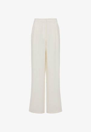 High-waisted wide-leg cream pants with belt loops and flat front, displayed on a white background.