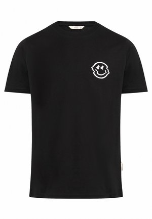 Svart bomulls t-skjorte med korte ermer, med et hvitt smilende ansikt grafikk på venstre bryst. Klassisk crew-hals, enkel design.