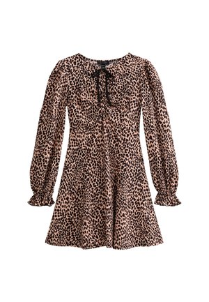 Leopard print dress with long, puffed sleeves, a square neckline, and a drawstring detail at the chest. Fabric is soft with a slight sheen.