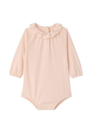 Soft pink long-sleeve baby romper with ruffled collar and snap buttons at the back and bottom for easy dressing.