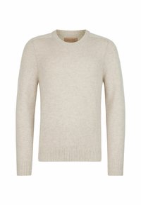 Beżowy sweter dzianinowy z okrągłym dekoltem i ribbowym wykończeniem. Miękka faktura, długie rękawy i minimalistyczny design bez wzorów czy ozdób.