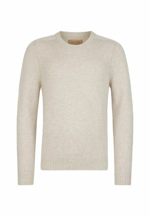 Beige striktrøje med rund halsudskæring og ribbede kanter. Blød tekstur, lange ærmer og minimalistisk design uden mønstre eller udsmykninger.