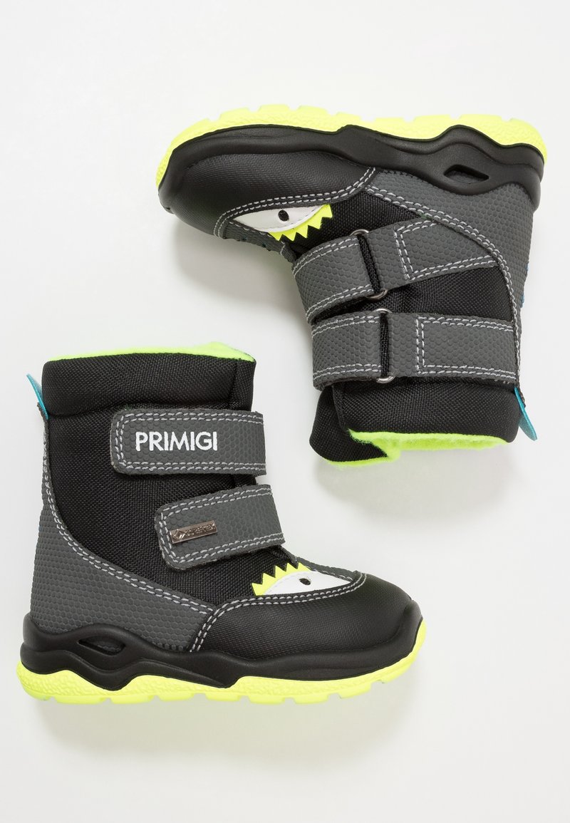 Bottes d'hiver pour enfants gris et noir avec semelles jaune vif, sangles Velcro, et un petit motif de requin près des orteils.