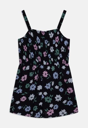 Sort ærmeløs romper med lyserødt, blåt og grønt blomsterprint, med tynde stropper og en rynket overdel.