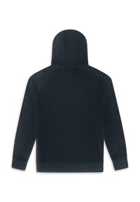 Felpa blu scuro con una texture liscia, dotata di un ampio cappuccio, maniche lunghe e orlo dritto, senza loghi o decorazioni visibili.