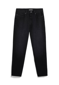Jean noir taille haute, jambes droites, bouton et fermeture éclair devant, passants de ceinture et cinq poches, posé à plat sur fond blanc.