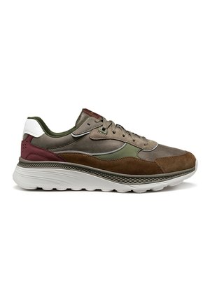 Sneakers w odcieniach oliwkowej zieleni, brązu i bordo z zamszu, z białym obcasem i teksturowaną białą podeszwą. Sznurowadła w pasującym odcieniu szarości.