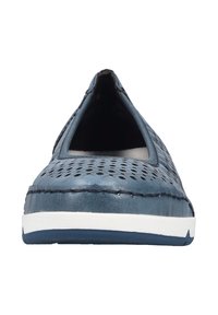 Blue leather slip-on shoes with perforated design, contrasting white sole, rounded toe, and visible stitching along the edges.