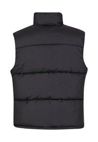 Schwarze Daunenweste mit hohem Kragen, die horizontale, gesteppten Abschnitte und eine glatte, glänzende Textur aufweist. Keine sichtbaren Beschläge oder Taschen.