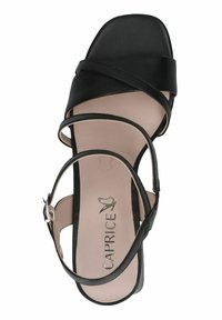 Musta naisten sandaalit, joissa on ristikkäiset hihnat, litteä pohja ja sileä nahkapinta. Varustettu säätöä varten soljella ja pehmustetulla sisäpohjalla.