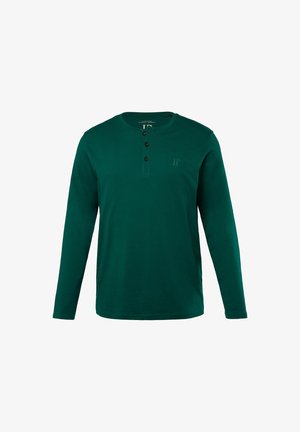 Dunkelgrünes Langarm-Henley-Shirt aus Baumwolle, mit einer geknöpften Knopfleiste und einem dezenten Logo auf der Brust.