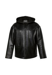 Giubbotto in pelle nera con zip frontale, cappuccio e due tasche frontali. Presenta un morbido rivestimento interno e una vestibilità leggermente rilassata, con dettagli minimi.