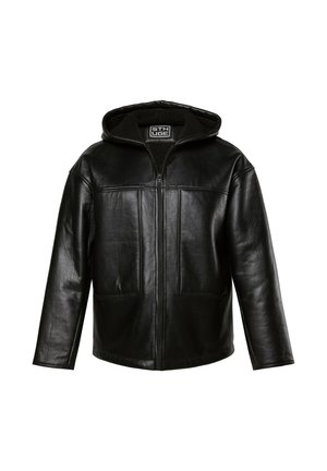 Schwarze Lederjacke mit Reißverschluss vorne, Kapuze und zwei Fronttaschen. Sie verfügt über ein weiches Innenfutter und einen leicht lässigen Schnitt, mit minimaler Detailgestaltung.