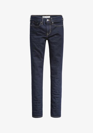 Jeans skinny bleu marine en denim, ornés de surpiqûres jaunes, comprenant cinq poches, et dotés d'une fermeture éclair avec un bouton.