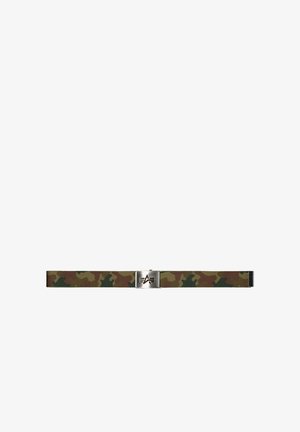 Camouflage fabric belt with a silver metal buckle featuring a stylized "A" logo with wings on a white background.