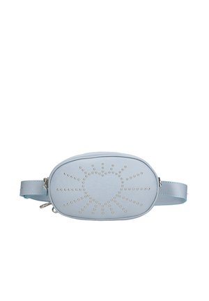 Banane en faux cuir bleu clair avec un design en cœur clouté et en rayons de soleil, fermée par une fermeture éclair et dotée d'une sangle réglable.