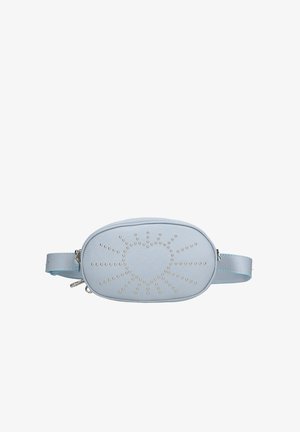 Lichtblauwe neplederen heuptas met een gestikte hart- en zonnestraalontwerp, voorzien van een ritssluiting en een verstelbare band.