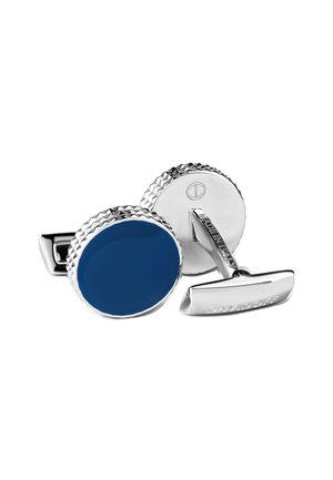 Silver-tone cufflinks featuring a round blue enamel center, textured border, and a polished back with engraved brand detail.