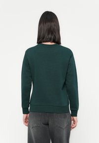 Persona con capelli scuri di lunghezza alle spalle, indossante un maglione a maniche lunghe verde scuro e jeans grigi, di spalle su sfondo bianco.