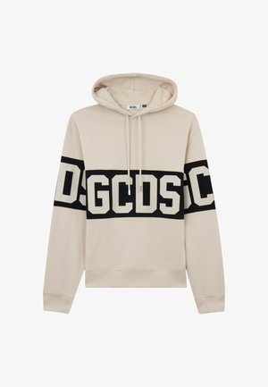 Felpa beige con cappuccio con striscia orizzontale nera sul petto e sulle maniche, con grandi lettere bianche "GCDS".
