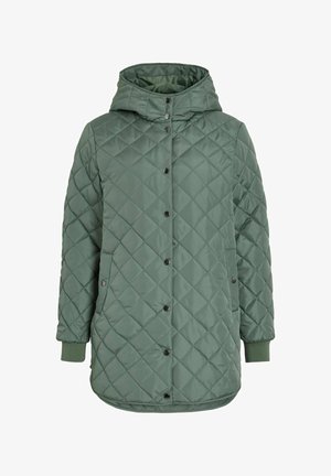 Pikowana zielona kurtka z kapturem z zapięciem na zatrzaski, ściągaczami przy mankietach i dwoma bocznymi kieszeniami, zaprojektowana na zimne dni.