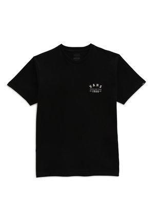 Zwart Vans T-shirt met korte mouwen en witte tekst "VANS Tried and True CA 1966 NY" op de linkerborst.